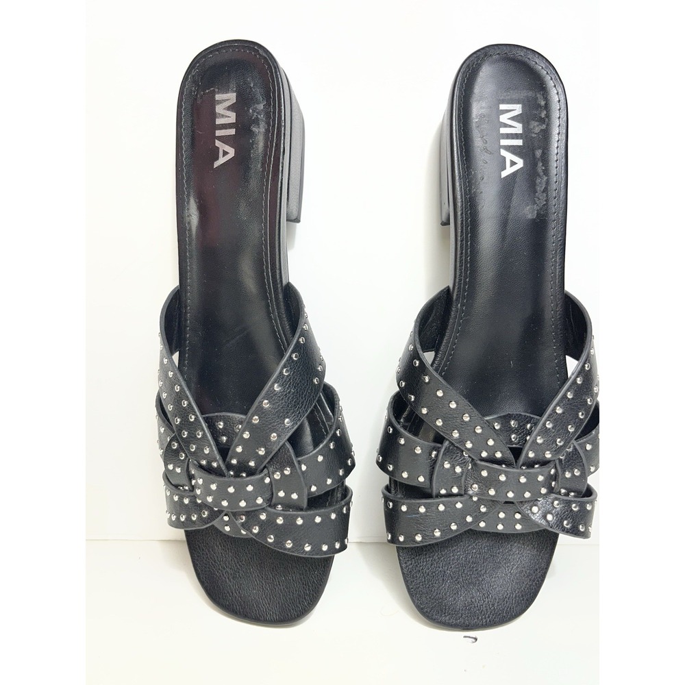 MIA Black Studded Criss Cross Block Heel Slide Sandals Women Size 9.5